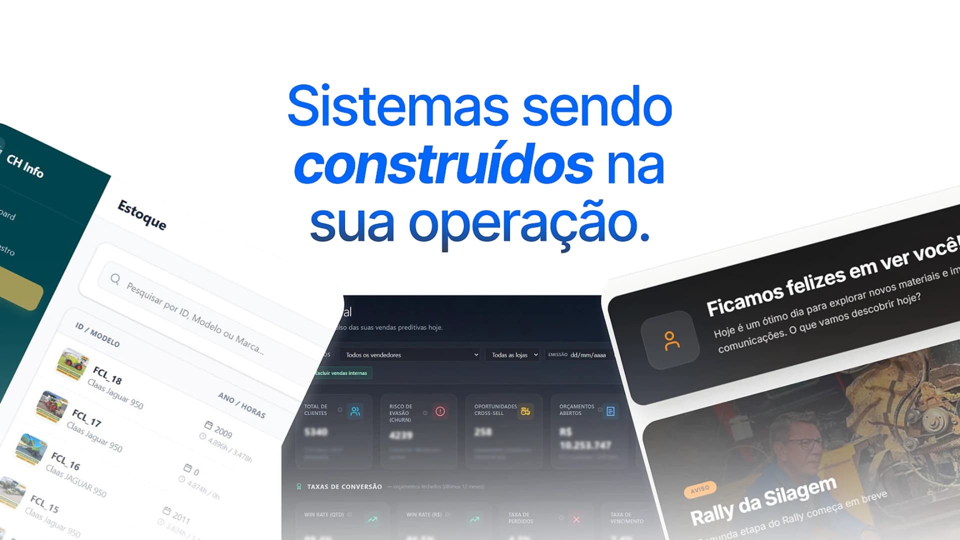 Telas de sistemas internos construídos pelas equipes durante a jornada de IA