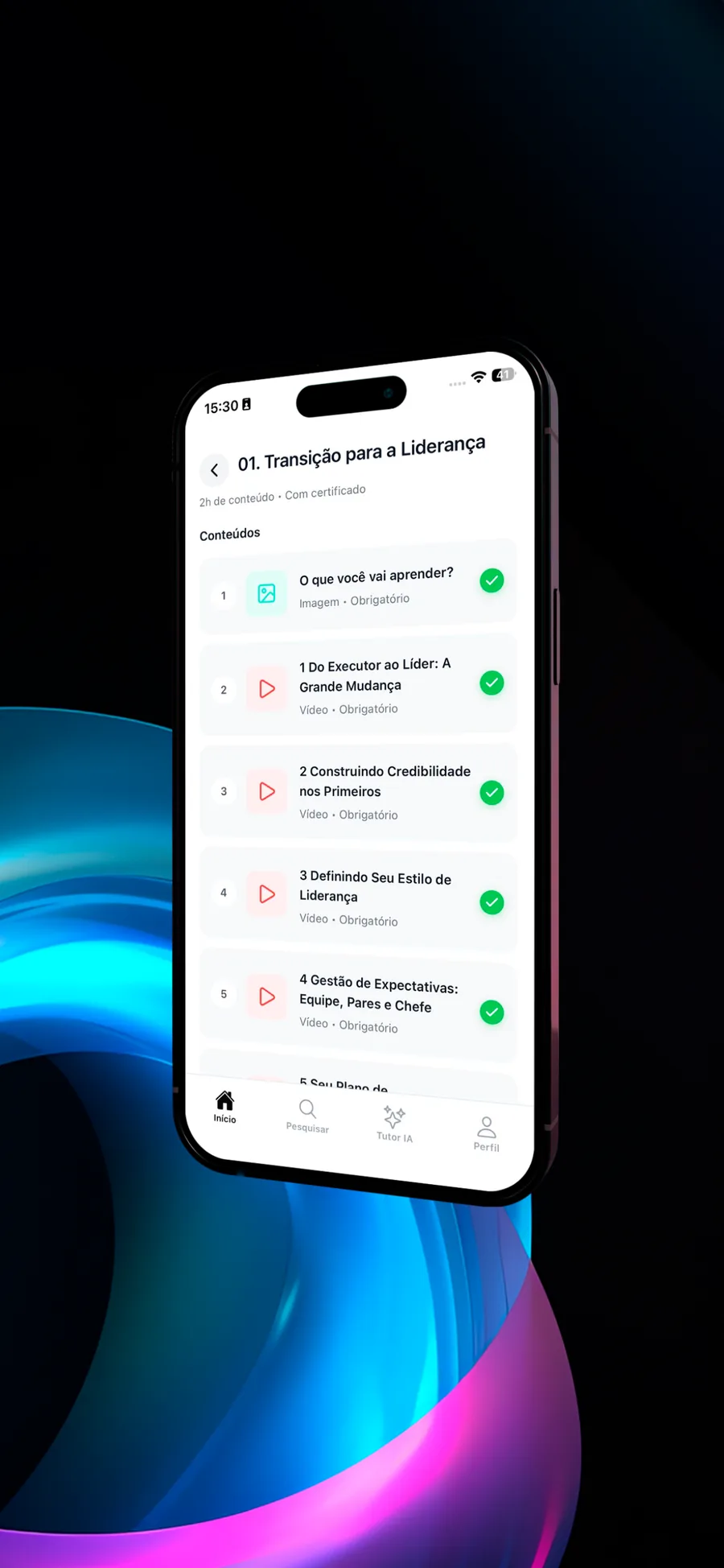 Conteúdos de um curso no app Inbix Learning, com os itens obrigatórios já concluídos marcados
