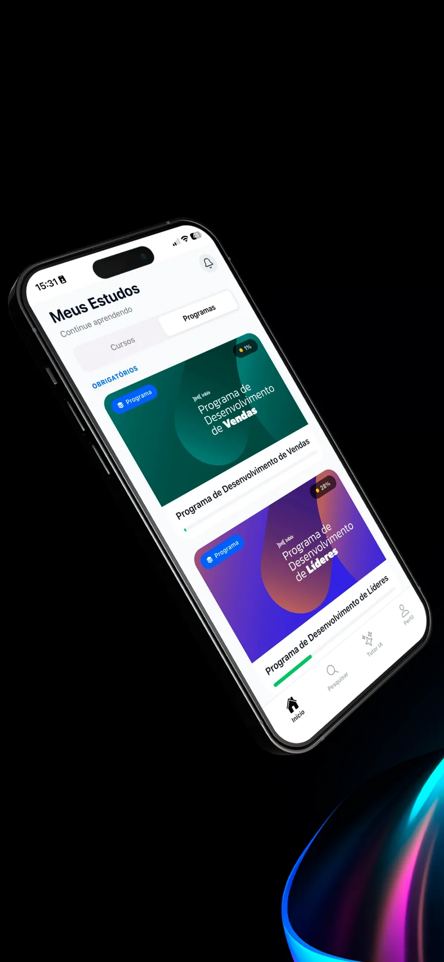 Tela inicial do app Inbix Learning, com os programas em andamento do colaborador