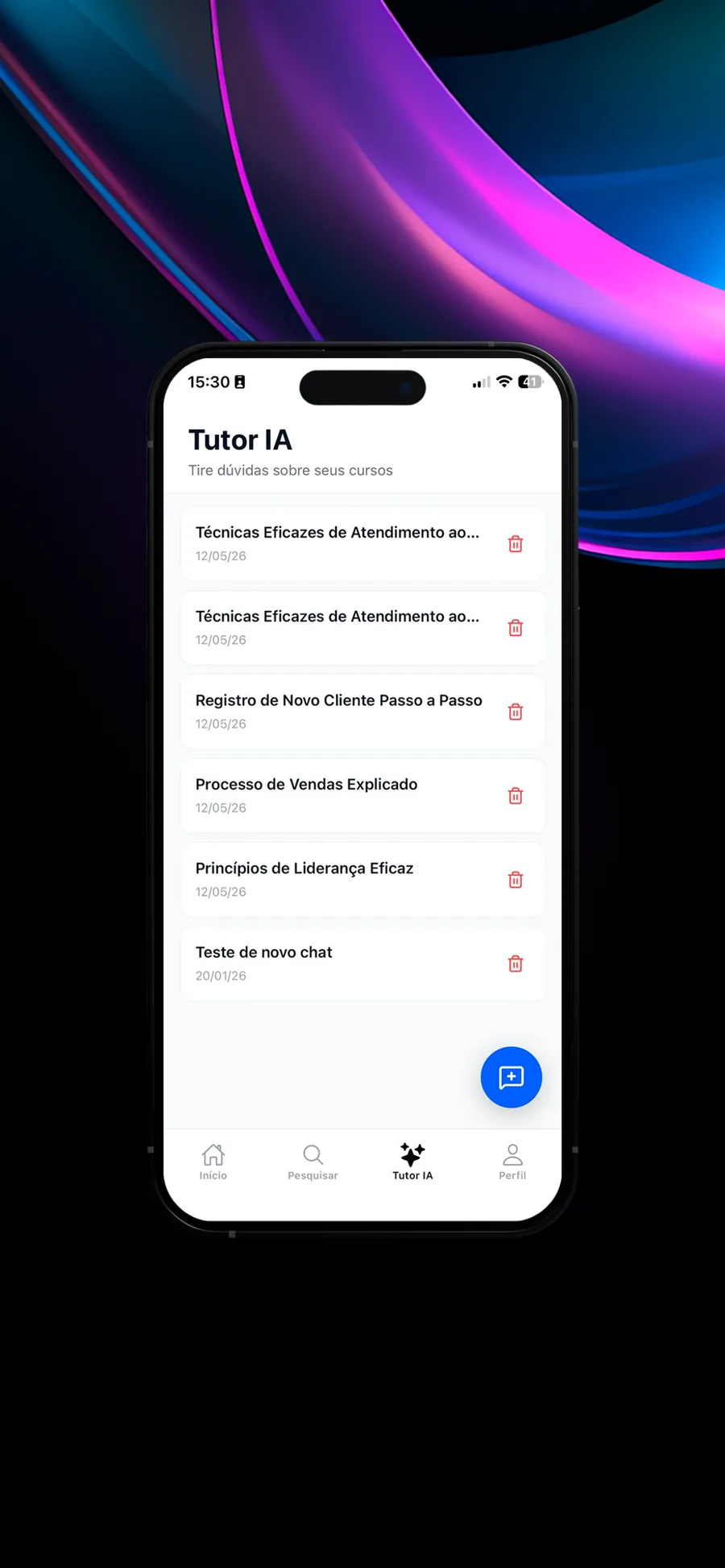 TutorIA aberto no app Inbix Learning, com as dúvidas já respondidas sobre os cursos do colaborador
