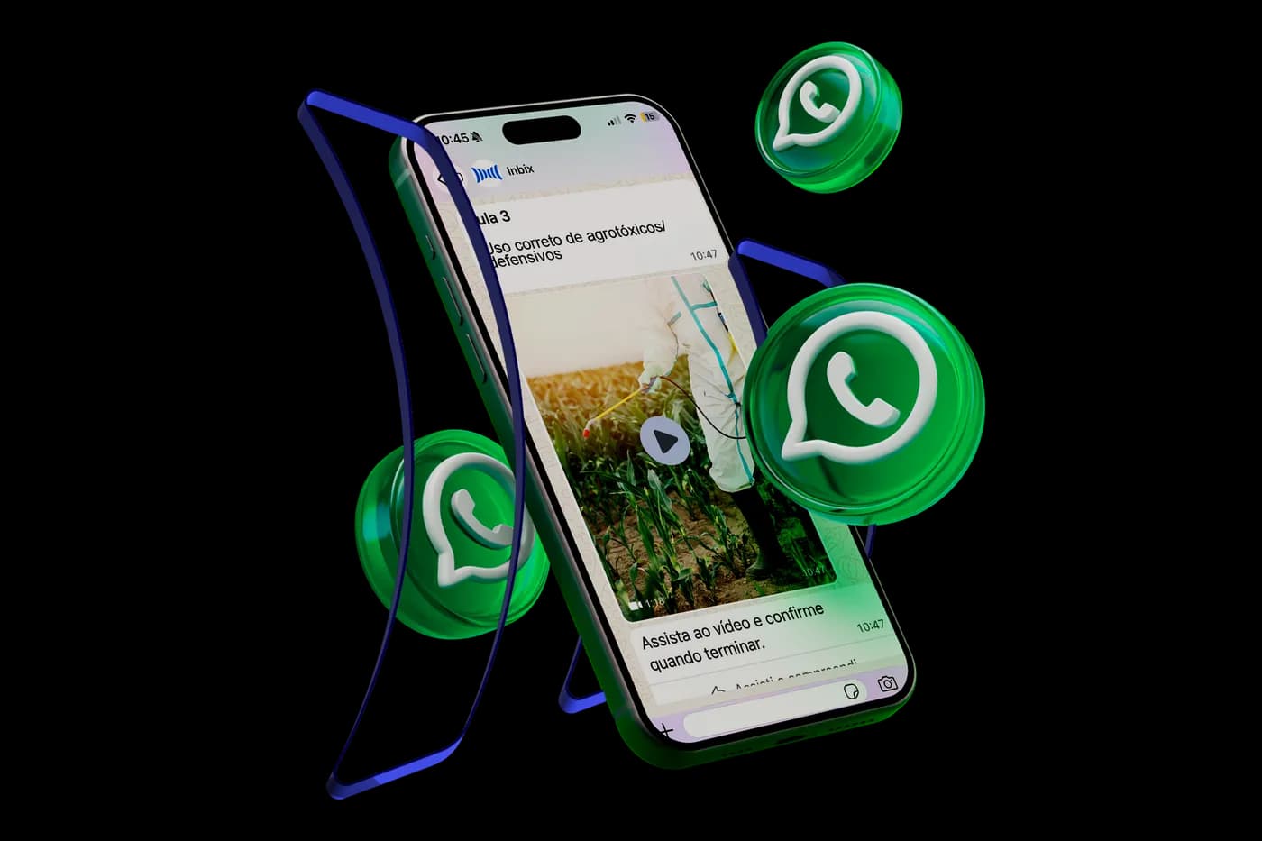 Celular mostrando um treinamento da Inbix no WhatsApp, com ícones do WhatsApp ao redor