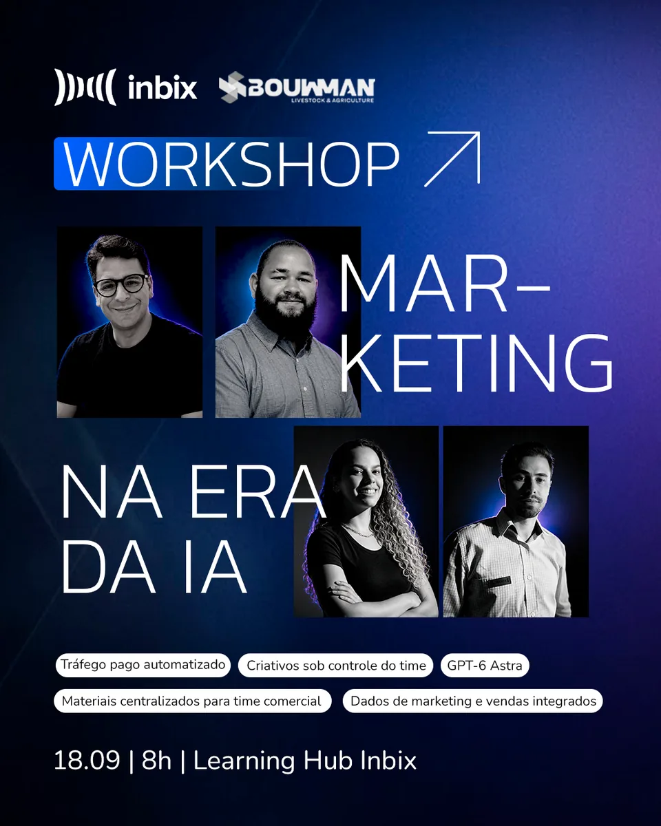 Workshop Marketing na era da IA, da Inbix com a Bouwman, dia 18 de setembro de 2026, às 8h, no Learning Hub Inbix. Quatro palestrantes em retratos preto e branco. Temas: tráfego pago automatizado, criativos sob controle do time, gpt-6 astra, materiais centralizados para o time comercial, dados de marketing e vendas integrados.