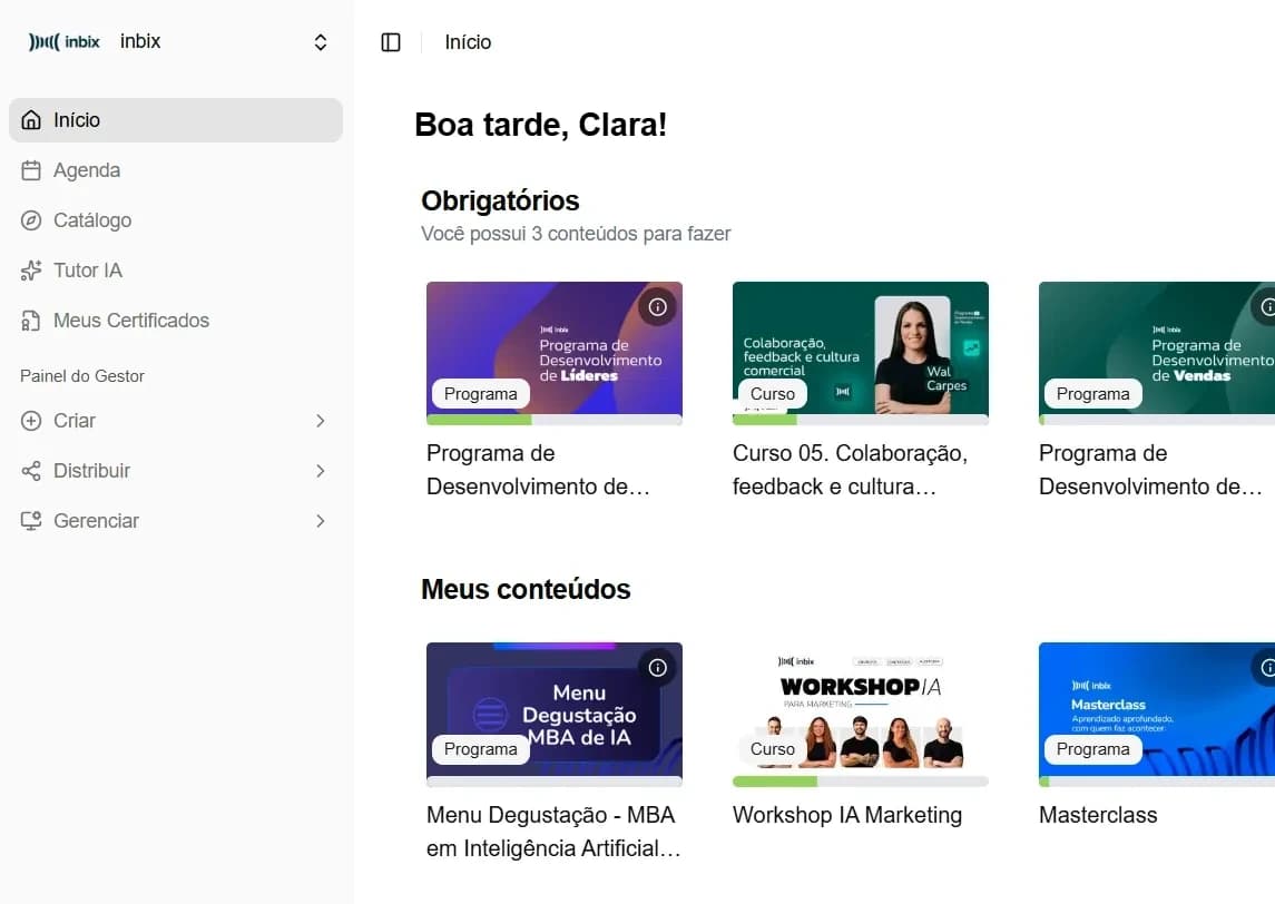 Painel da plataforma Inbix mostrando treinamentos obrigatórios, progresso do colaborador e agenda do mês