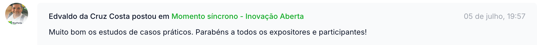 Comentário de aluno na plataforma sobre o momento síncrono de inovação aberta