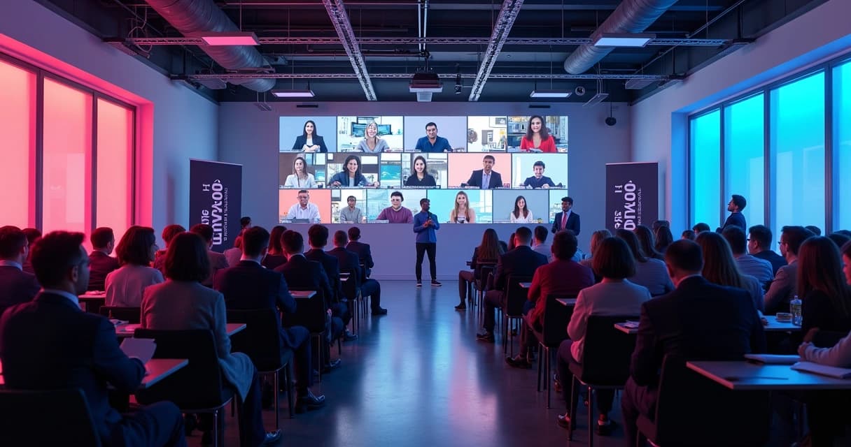 Evento de inovação com participantes conectados presencialmente e remotamente.