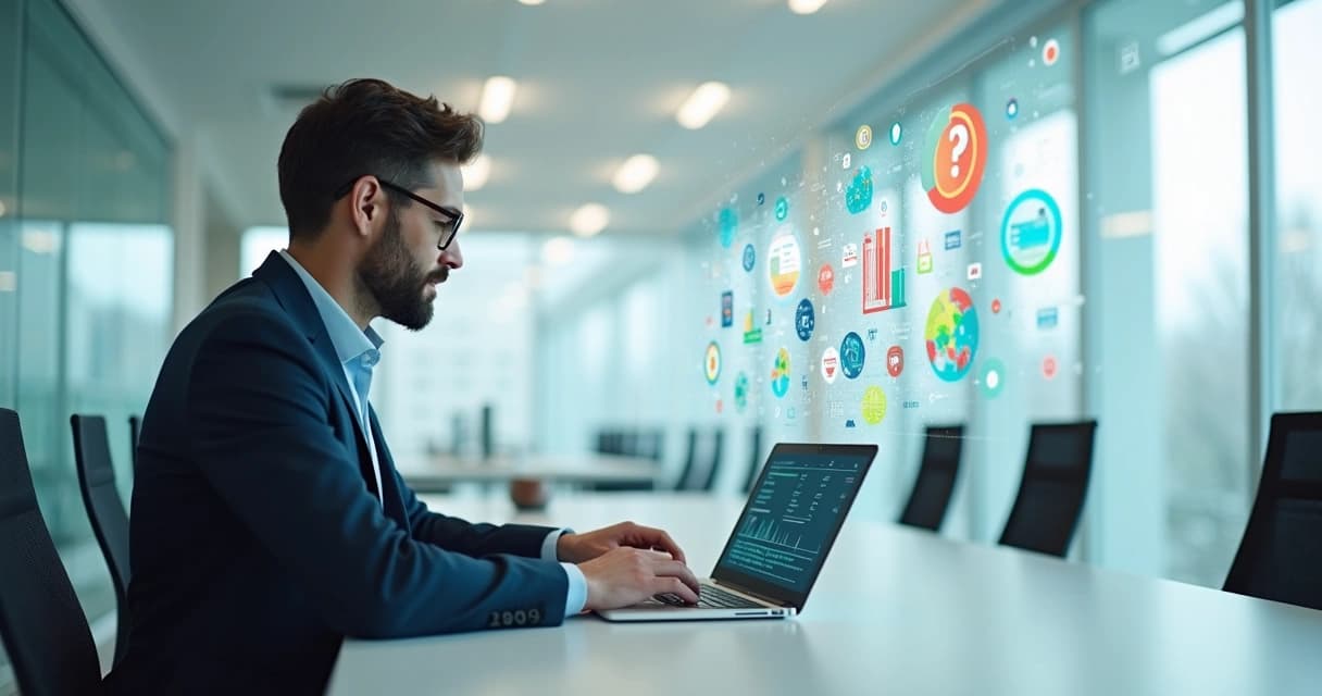 Profissional usando IA para gerar relatório de treinamento em notebook.