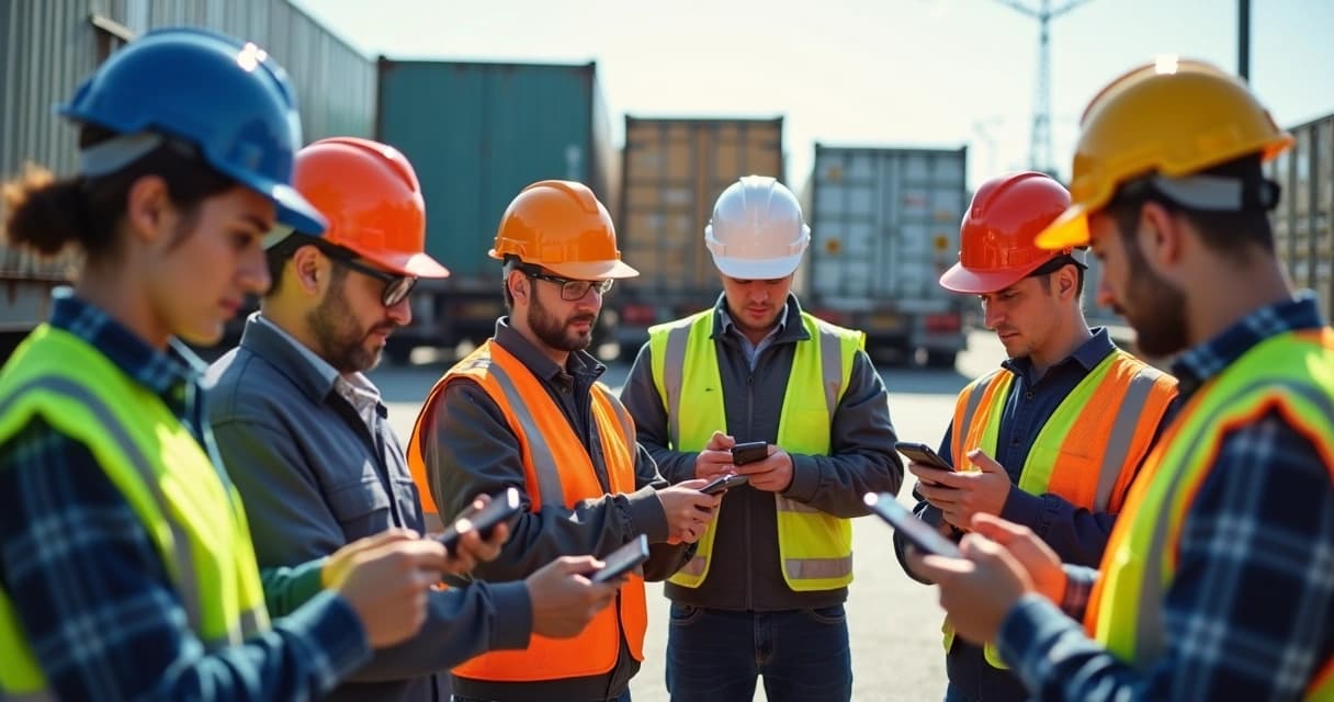 Equipe operacional de campo recebendo treinamento em seus celulares pelo WhatsApp.