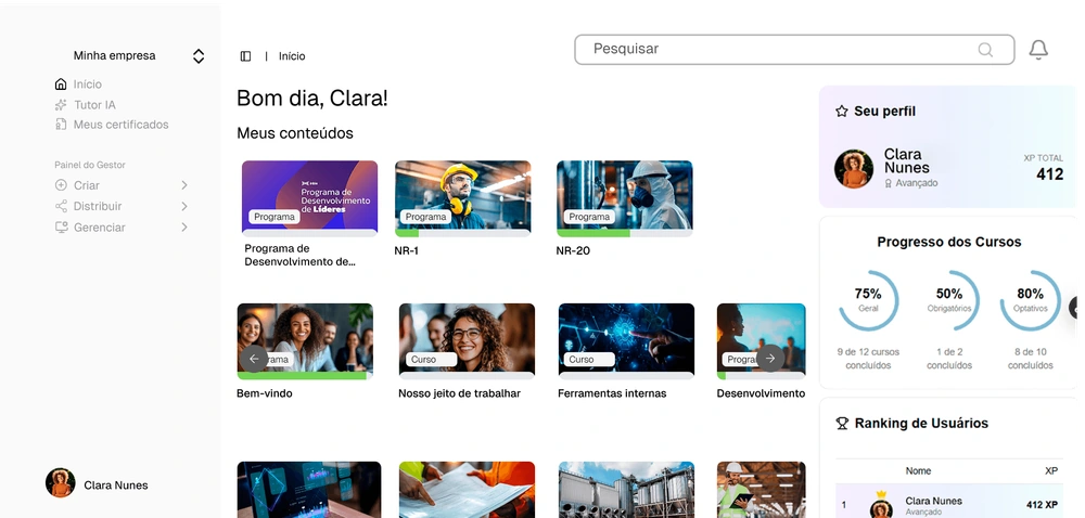 Painel da plataforma Inbix com o menu à esquerda, a biblioteca de conteúdos do colaborador ao centro e o progresso dos cursos à direita