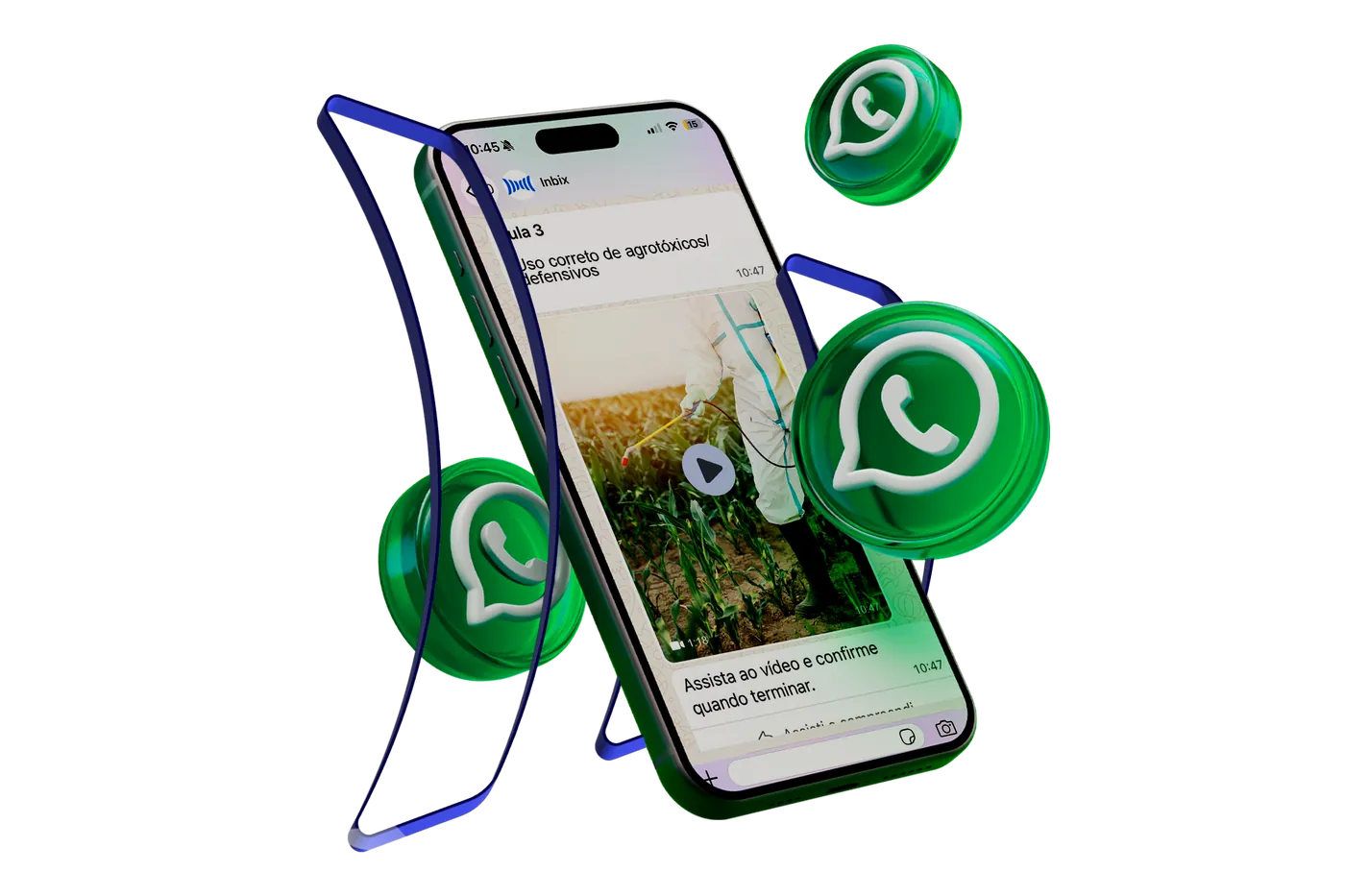 Celular mostrando um treinamento da Inbix no WhatsApp, com ícones do WhatsApp ao redor
